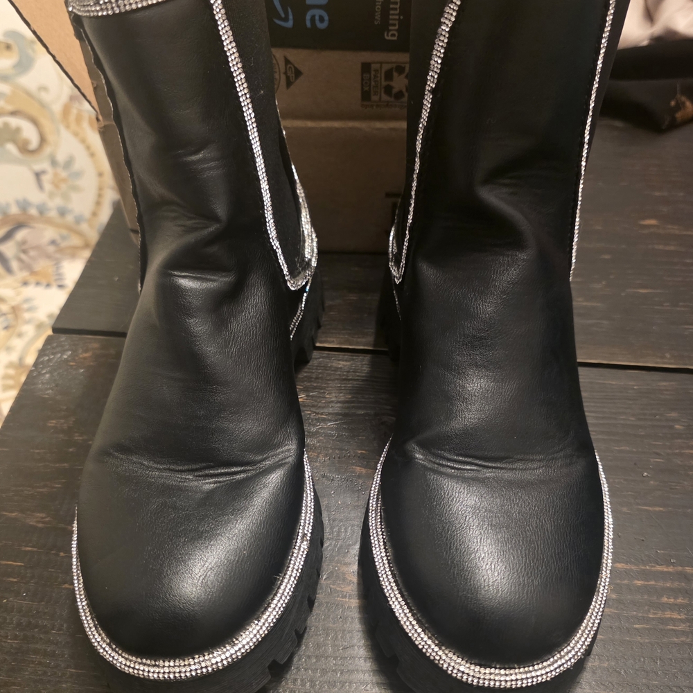Women's Black Embellished Mid-Calf Boots - Stylish Rhinestone Trim- NEVER WORN